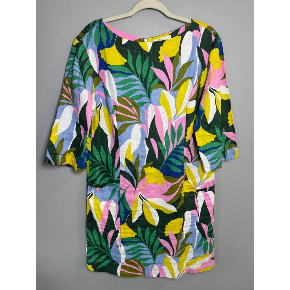 Boden Womens 100% Linen‎ Tropical Floral Shift Dress Green Pink US 6R W0708